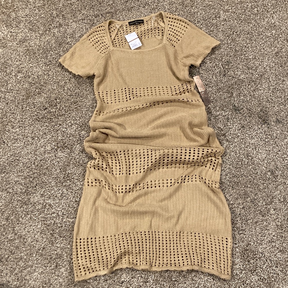 Almost Famous Tan Openwork Knit Midi Dress